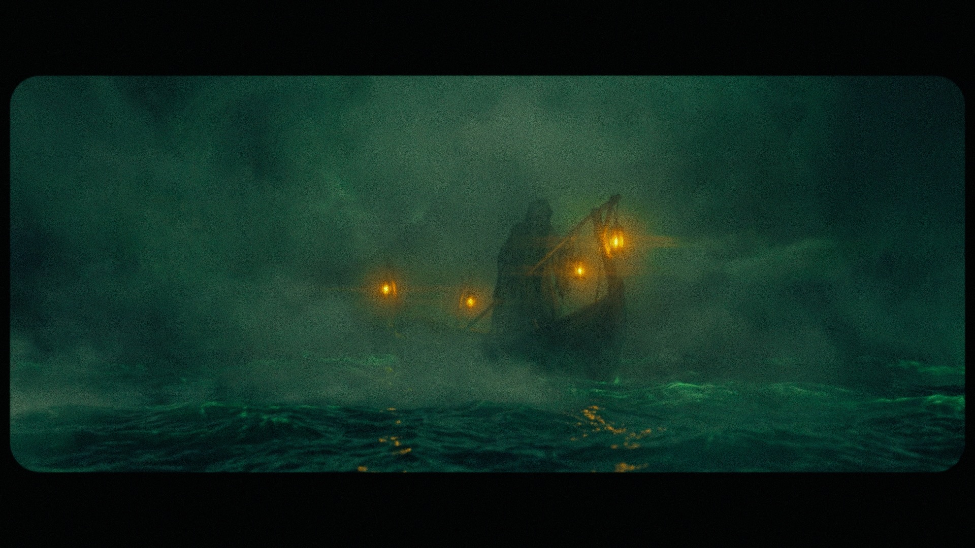 Charon approaching through the mist on the River Styx